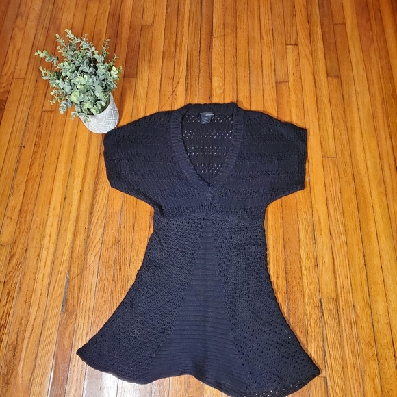 Calvin Klein Black Sweater Short Sleeve Crochet Open Knit Office Preppy Boho S - Picture 1 of 4